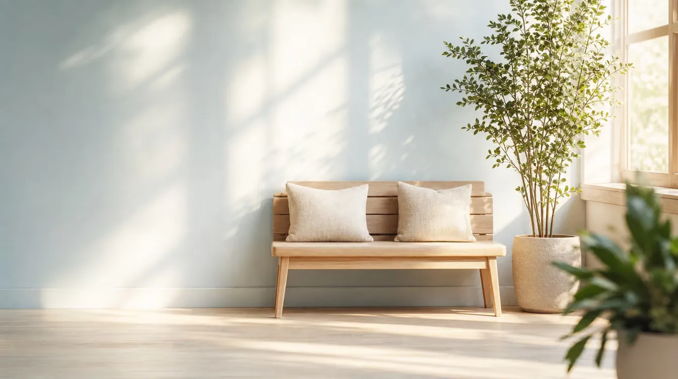 Bright clinic waiting corner with a wooden bench, linen cushions and tall plants in morning light