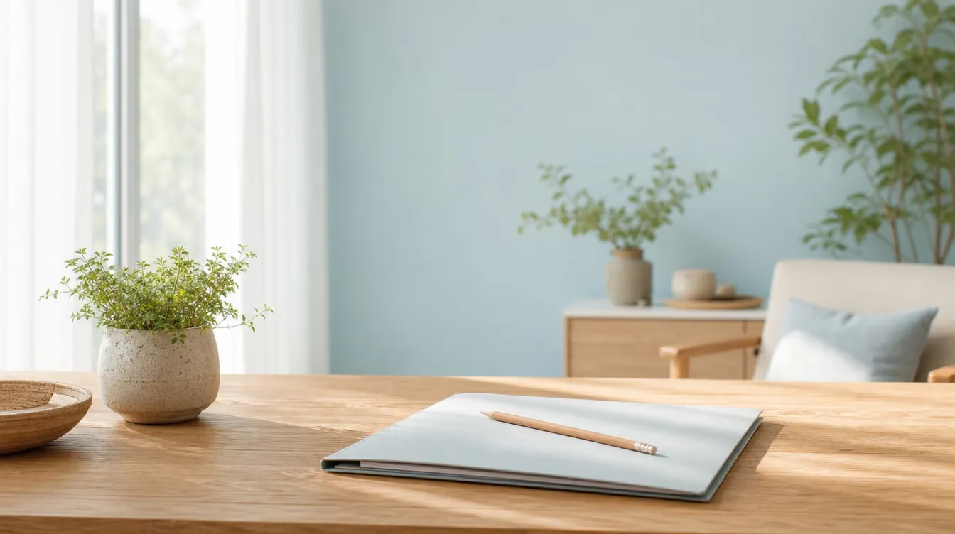 Calm desk with a closed folder, pencil and small plant in soft morning light