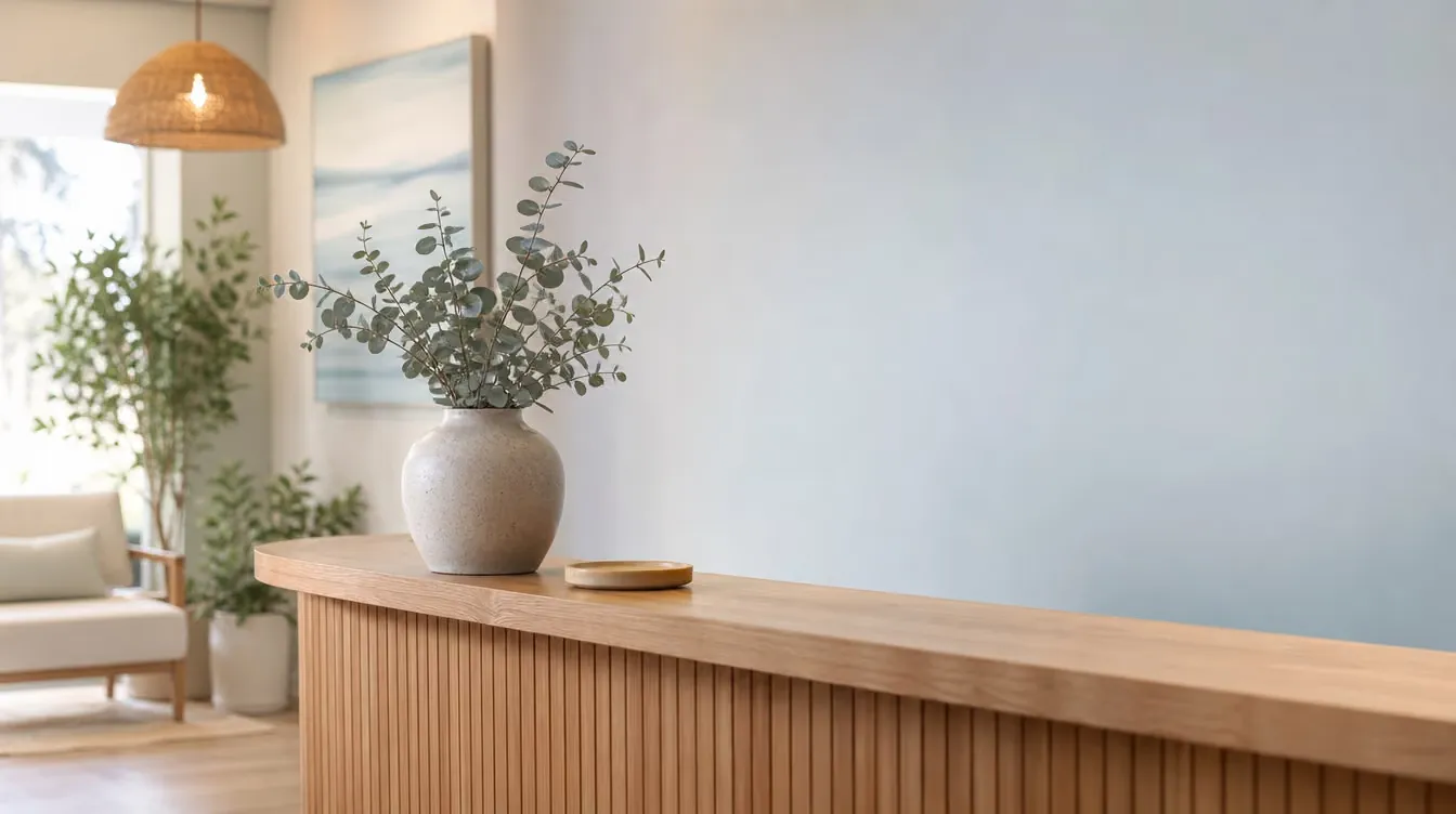 Warm wooden reception corner with a ceramic vase of eucalyptus in soft daylight
