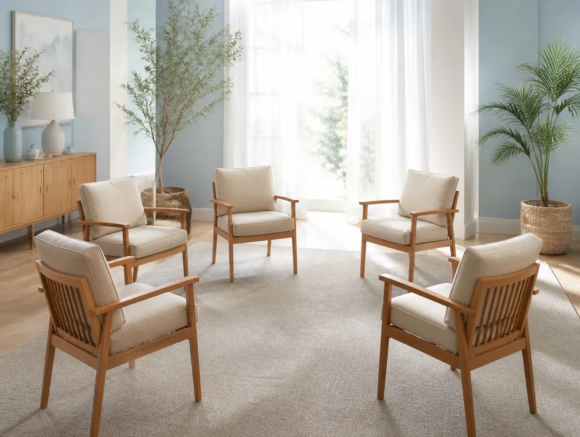 Circle of empty chairs arranged for a group therapy session in a bright, calm room