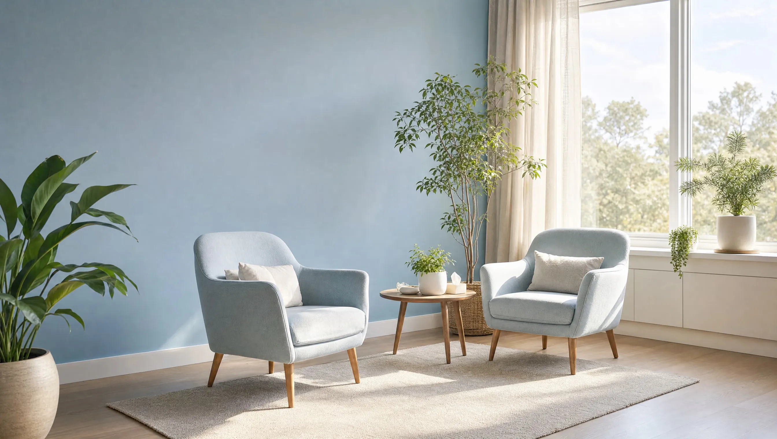 Sunlit therapy room at a psychology clinic with two armchairs facing a bright window