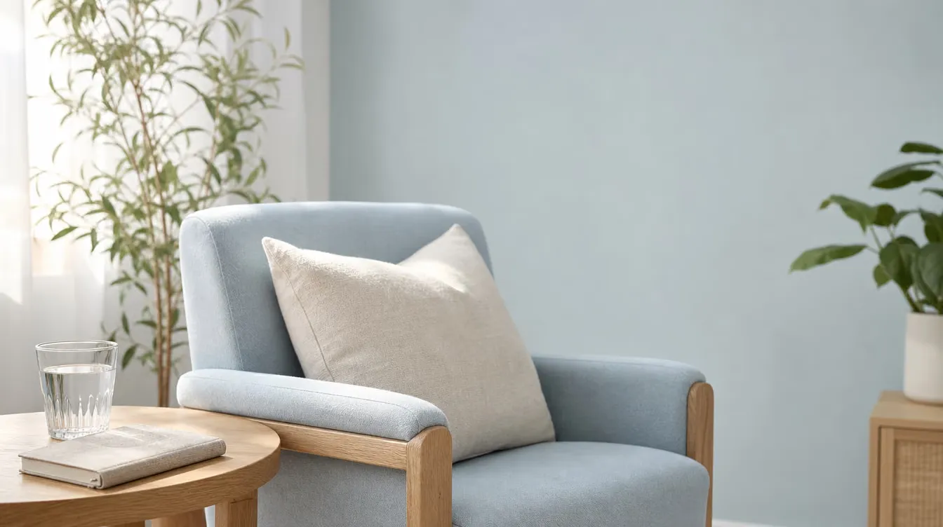 Soft armchair beside a wooden side table with a notebook, in gentle window light at a therapy clinic