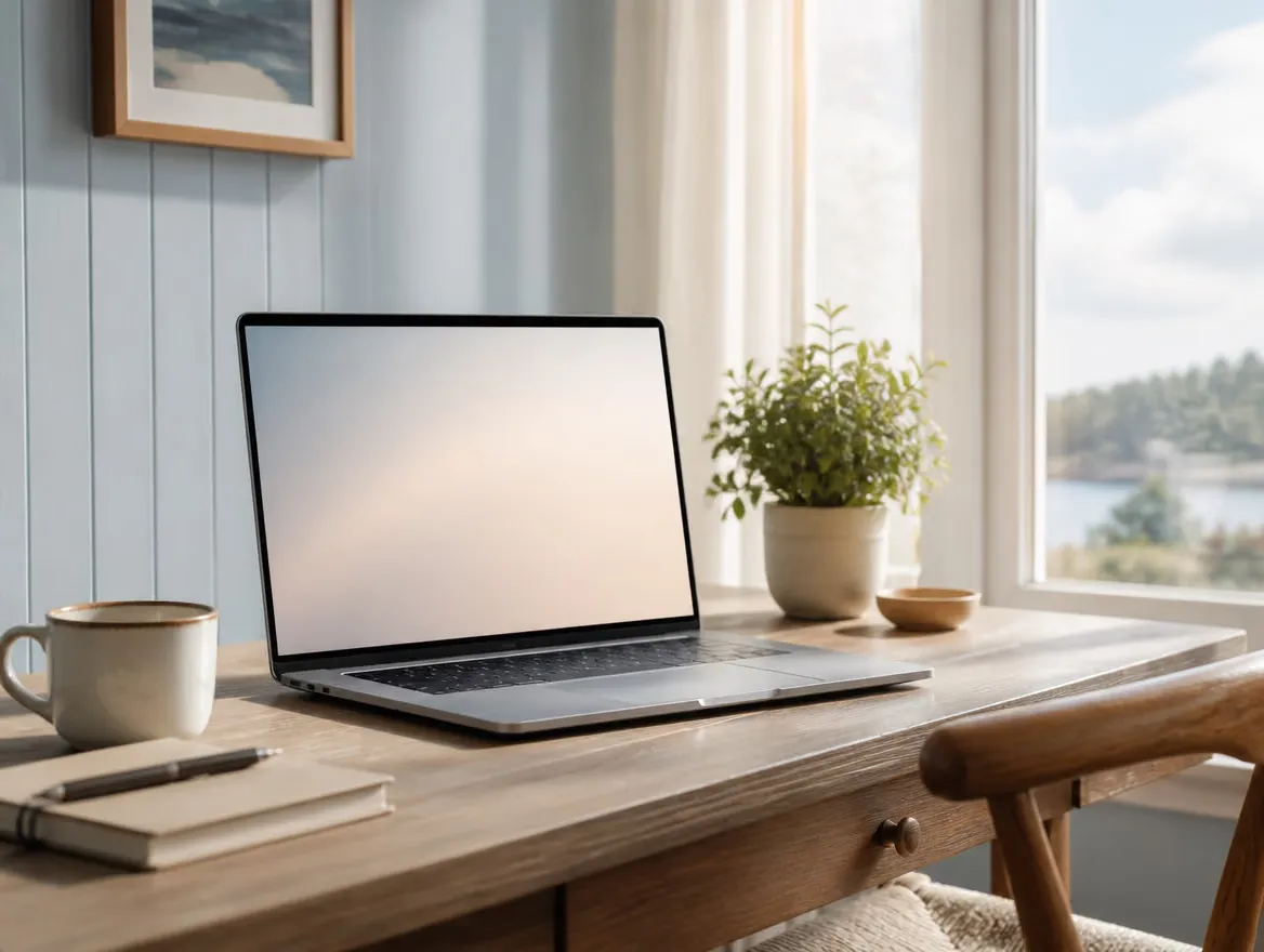 Laptop open on a warm wooden desk by a bright window, set up for a virtual therapy session